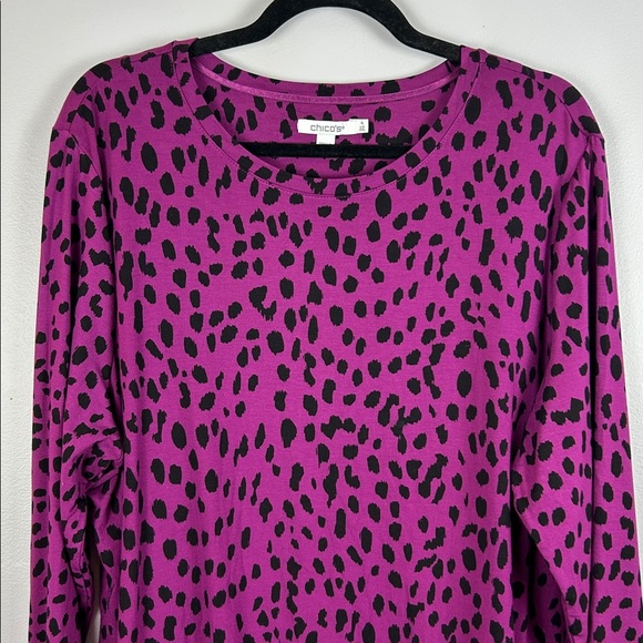 Chico's Casual Animal Print Long Sleeve Crewneck Rayon Blend Top XXK Magenta - Picture 4 of 12